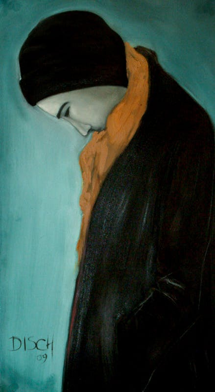 Autoportrait au bonnet, Oil on paper 65x36 cm, Disch Rémy